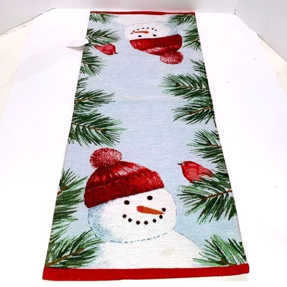 Holiday Tapestry Table Runner Snowman With Cardinal Sitting On Pine Tree Branch - Picture 3 of 6